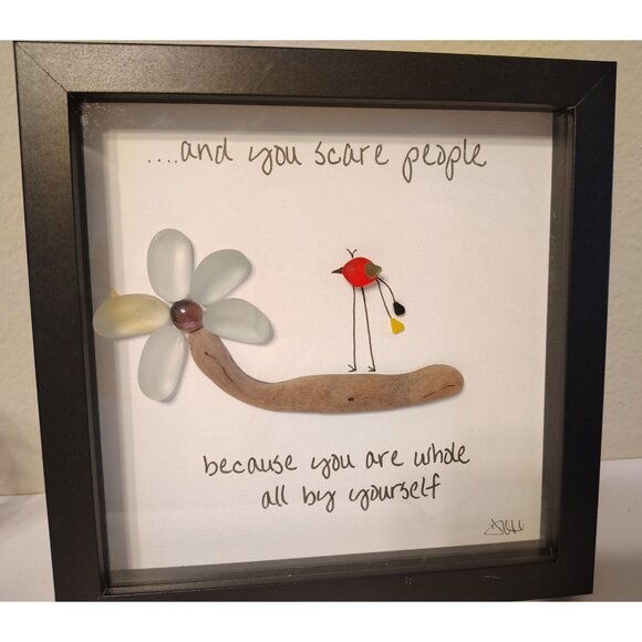 Handmade Rock Pebble Art, Flower Bird Driftwood, Whole all By Yourself Framed - Picture 1 of 3